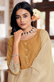 Pure South Cotton Dyed Jacquard Straight Cut Salwar Kameez In Light Brown Color